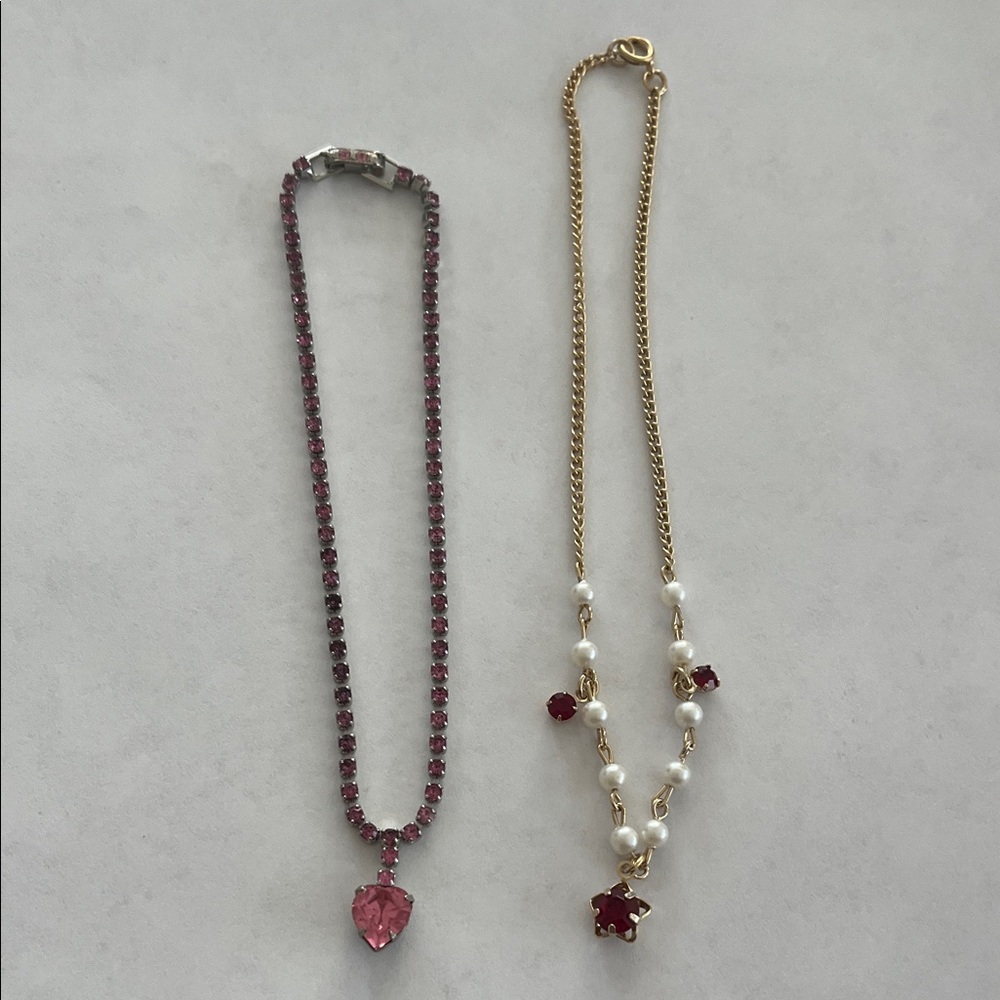 Childs Pink Crystal Pendant Necklace & pearl & red faux ruby on gold chain.